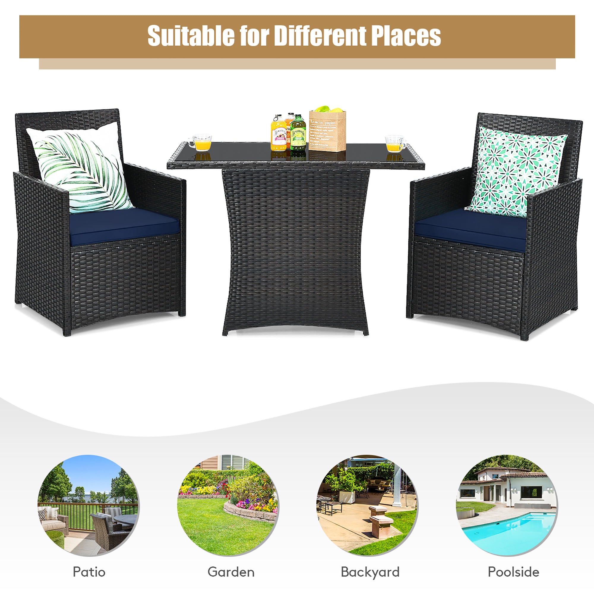  3 Piece Rattan Curved Backrest Dining Set - Turquoise - Bonton