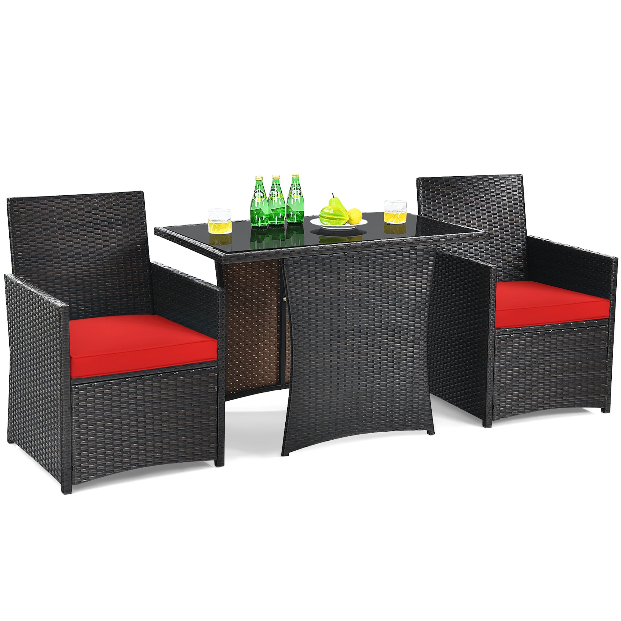  3 Piece Rattan Curved Backrest Dining Set - Red - Bonton