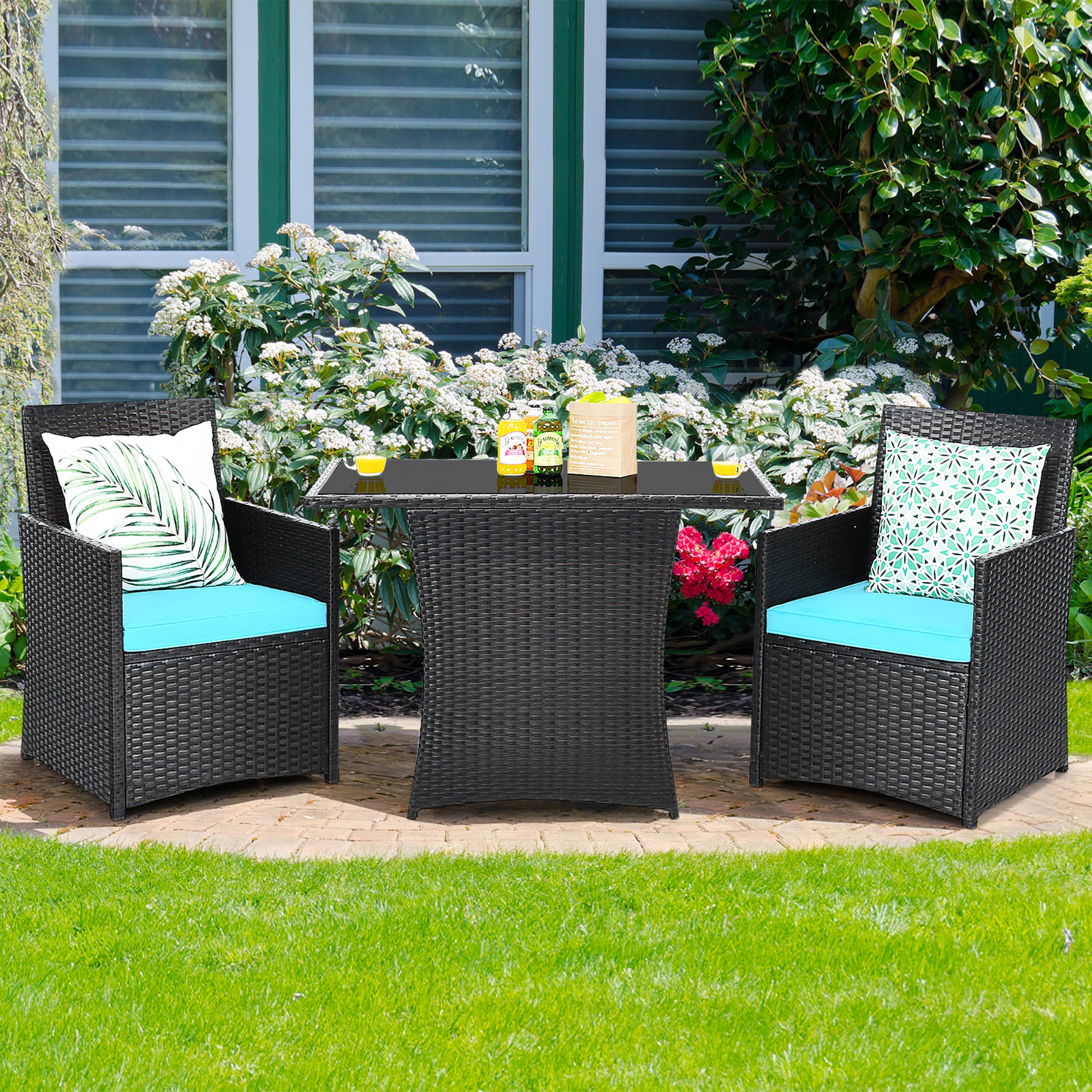  3 Piece Rattan Curved Backrest Dining Set - Navy - Bonton