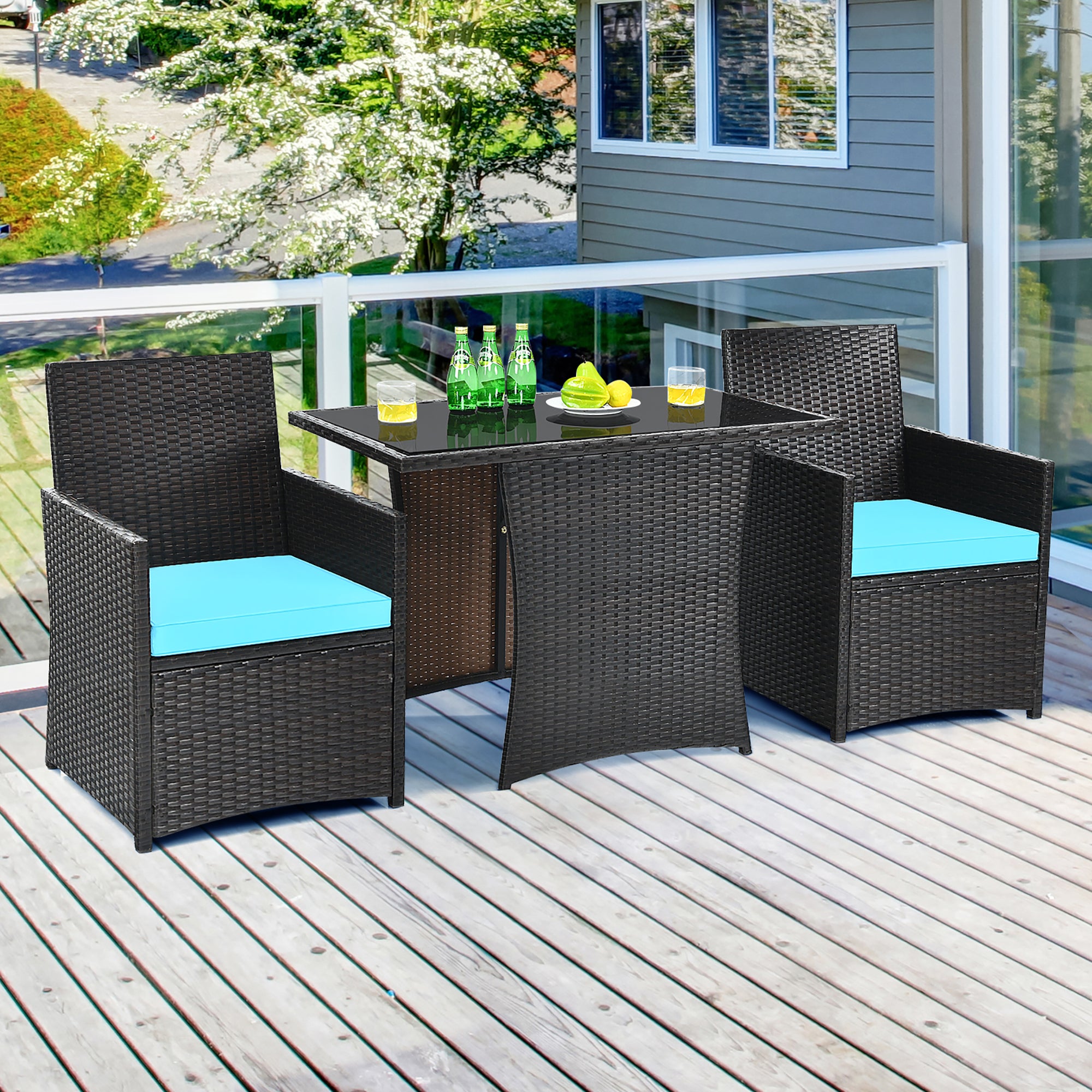  3 Piece Rattan Curved Backrest Dining Set - Navy - Bonton