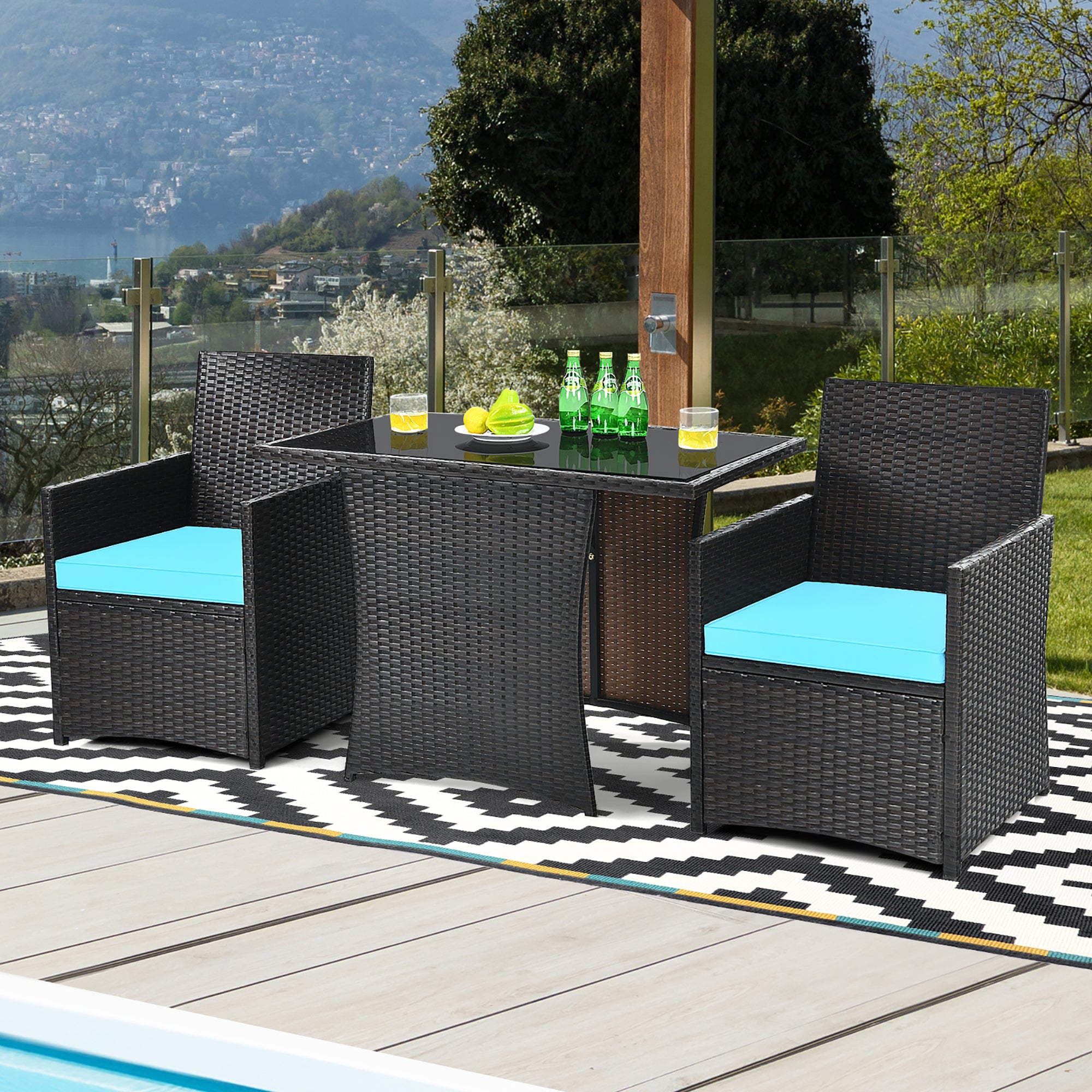  3 Piece Rattan Curved Backrest Dining Set - Turquoise - Bonton