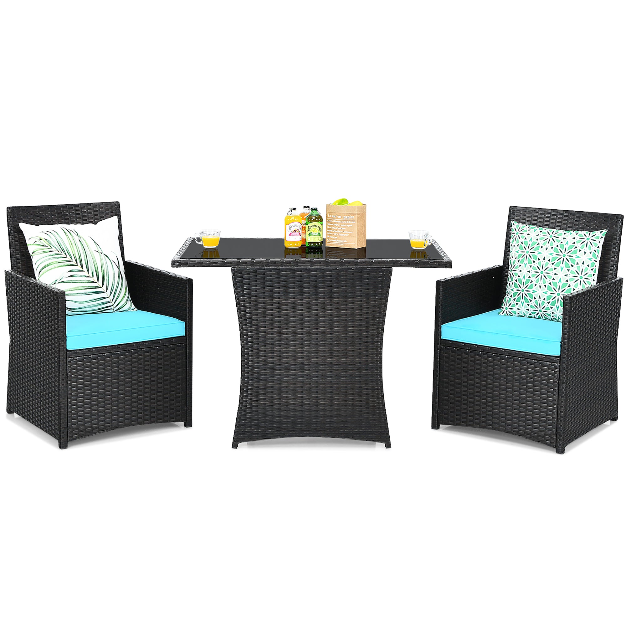  3 Piece Rattan Curved Backrest Dining Set - Navy - Bonton