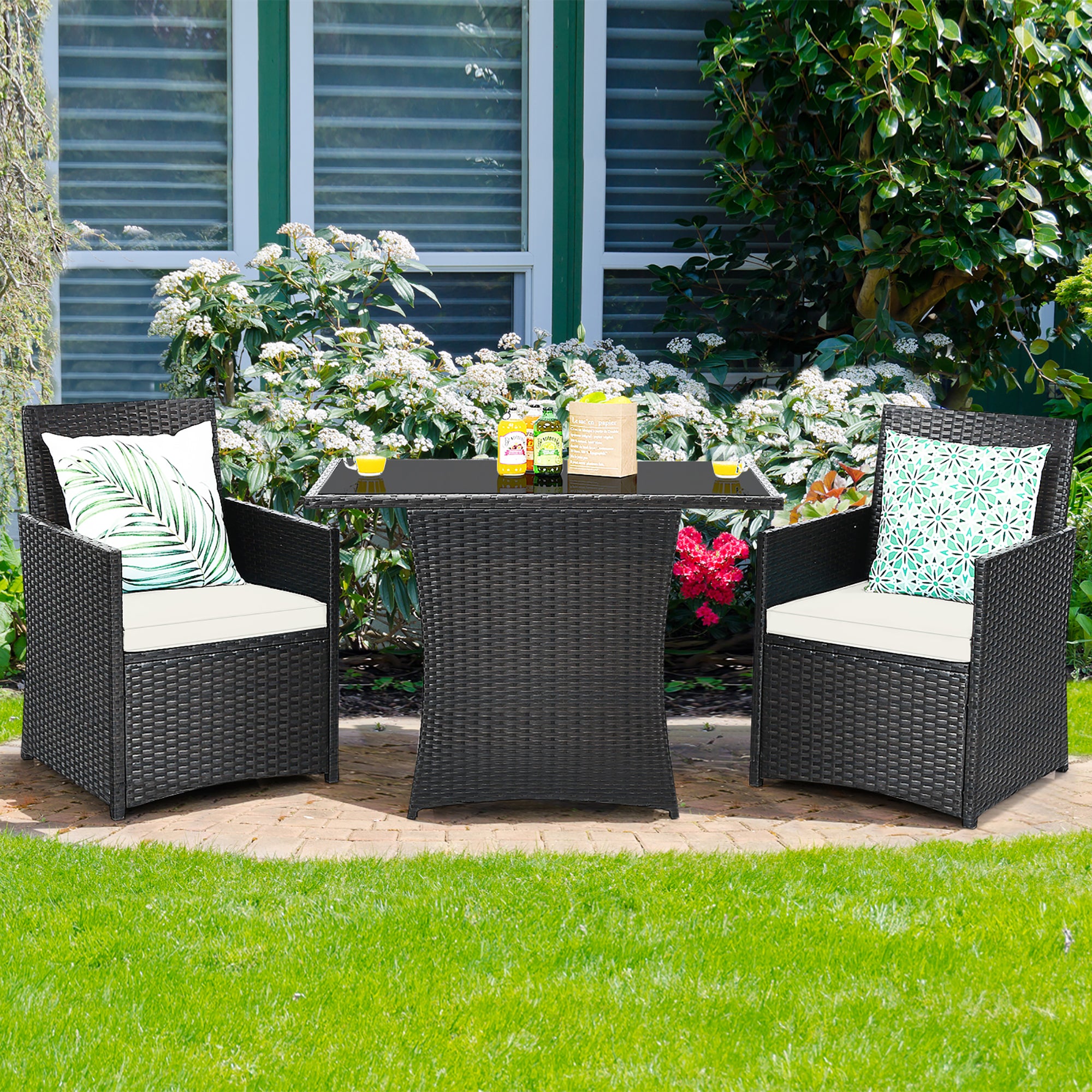  3 Piece Rattan Curved Backrest Dining Set - White - Bonton