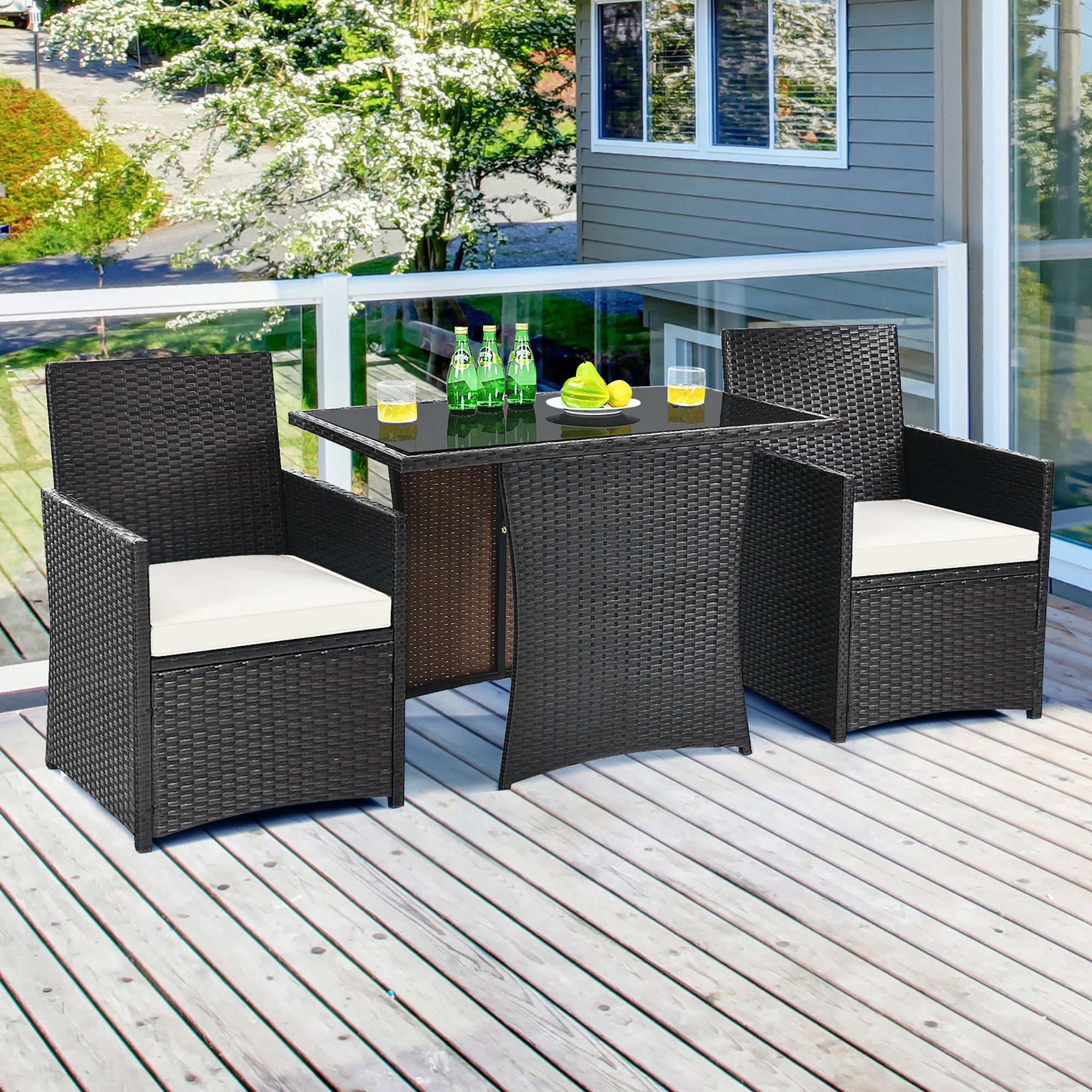  3 Piece Rattan Curved Backrest Dining Set - Navy - Bonton