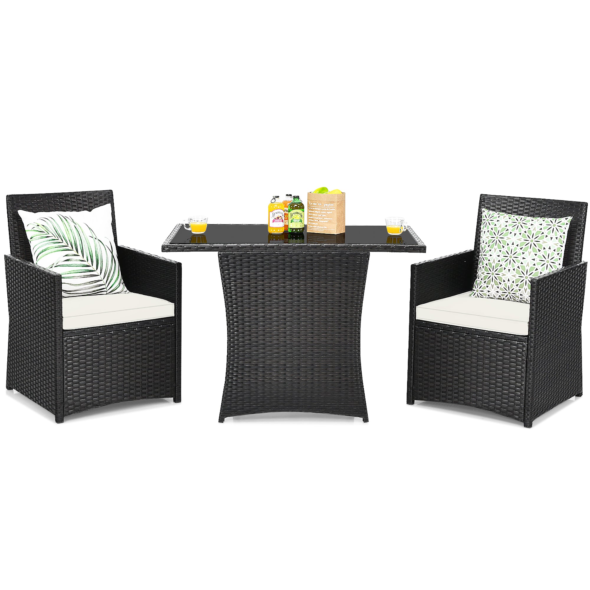  3 Piece Rattan Curved Backrest Dining Set - Red - Bonton