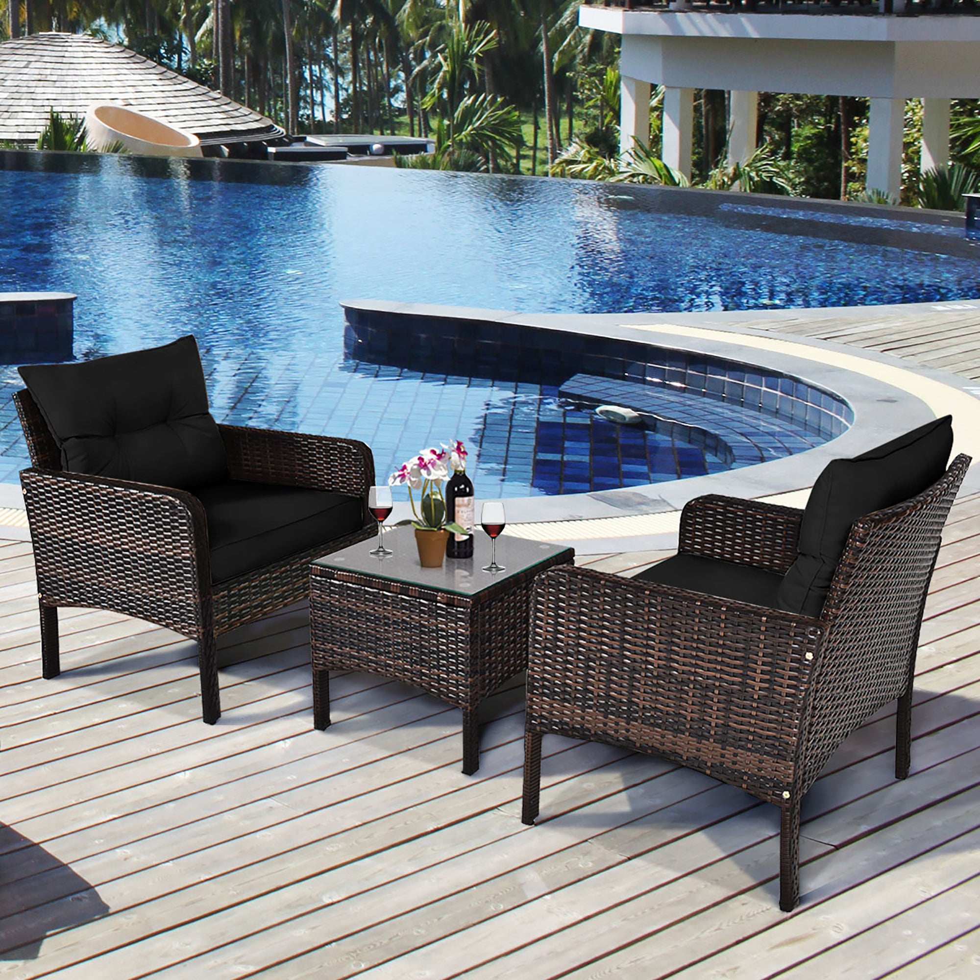  3 Piece Rattan Conversation Set with Table - Navy - Bonton