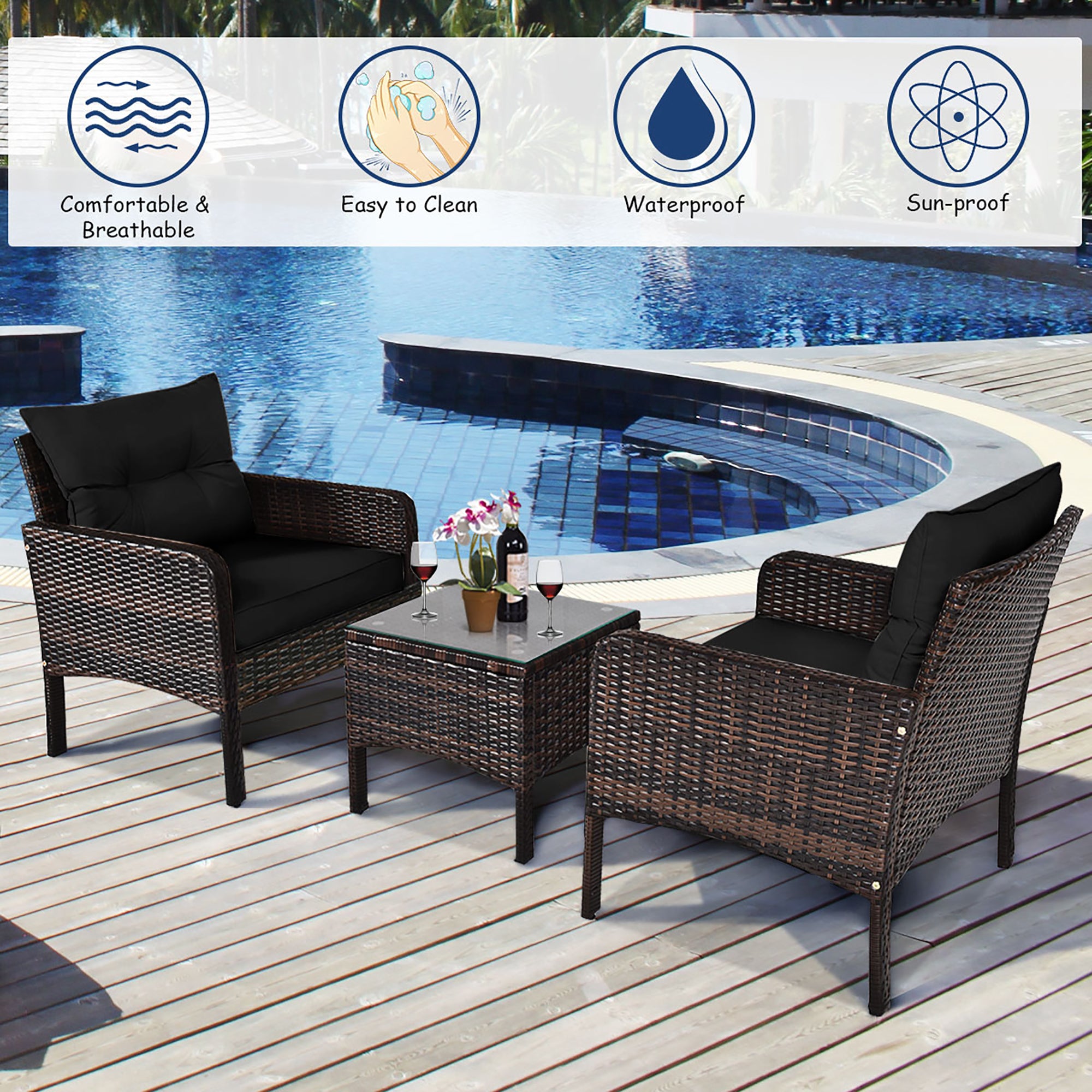  3 Piece Rattan Conversation Set with Table - Navy - Bonton