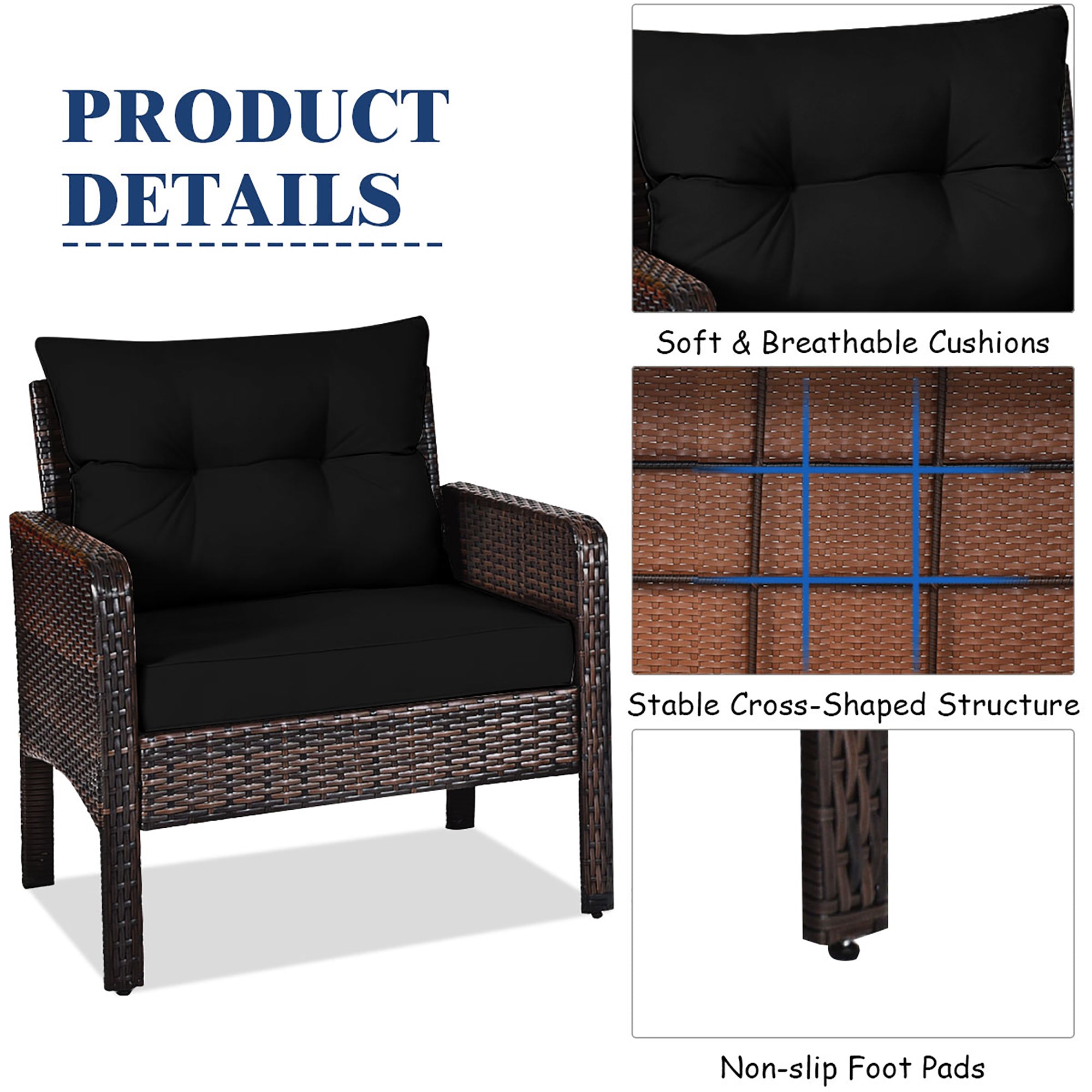  3 Piece Rattan Conversation Set with Table - Navy - Bonton