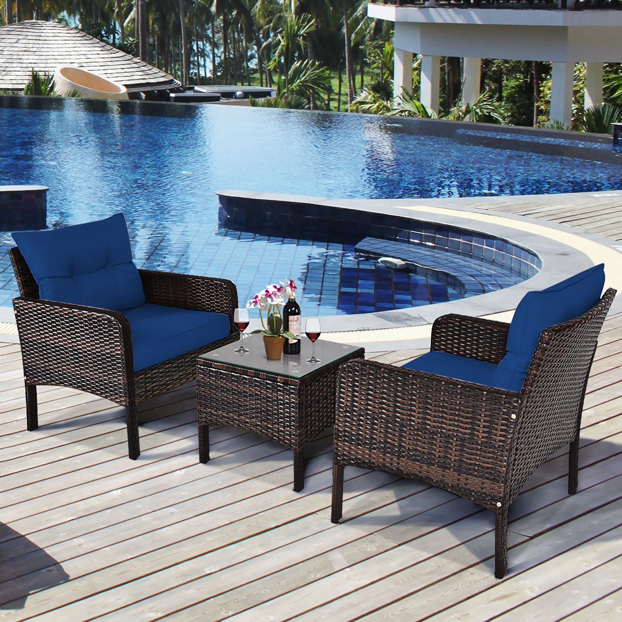  3 Piece Rattan Conversation Set with Table - Navy - Bonton