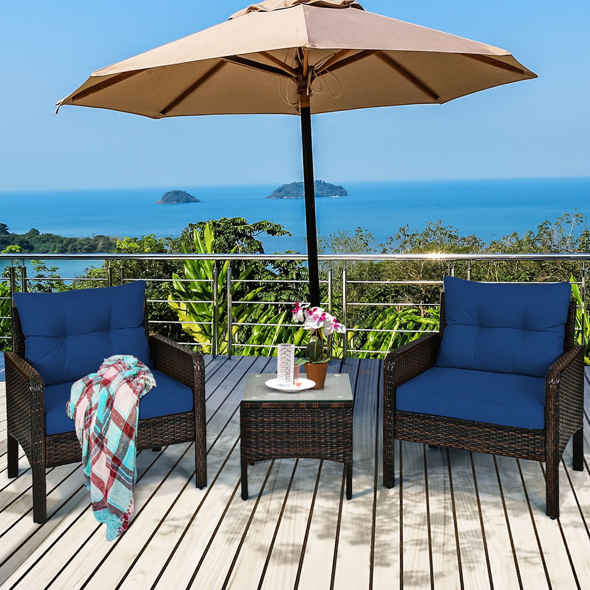  3 Piece Rattan Conversation Set with Table - Navy - Bonton