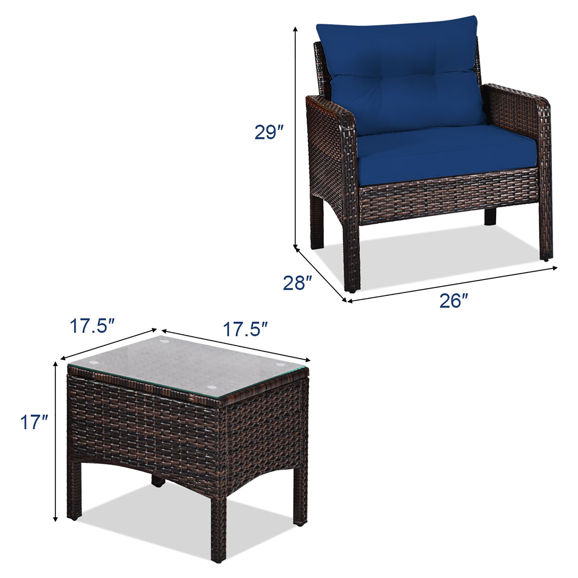  3 Piece Rattan Conversation Set with Table - Navy - Bonton