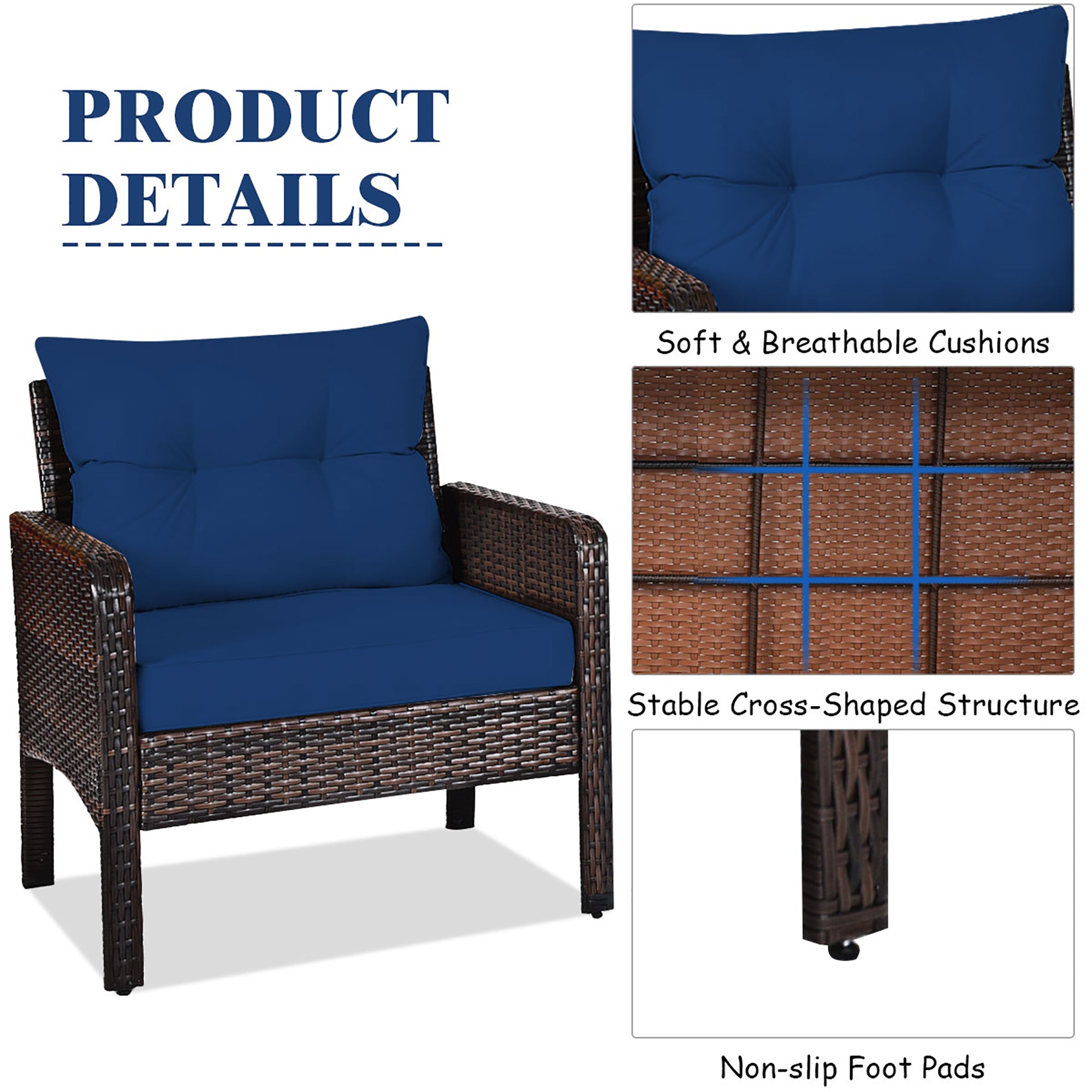  3 Piece Rattan Conversation Set with Table - Navy - Bonton