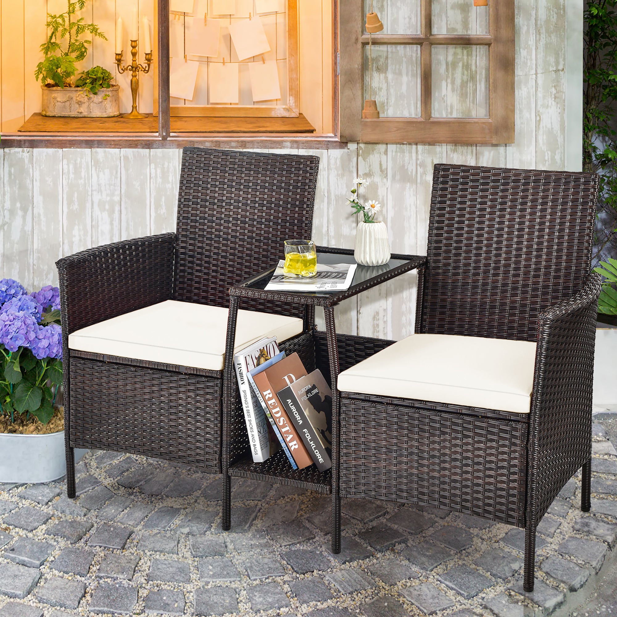  Rattan Wicker Attached Cushion Seat Conversation Set - Navy - Bonton