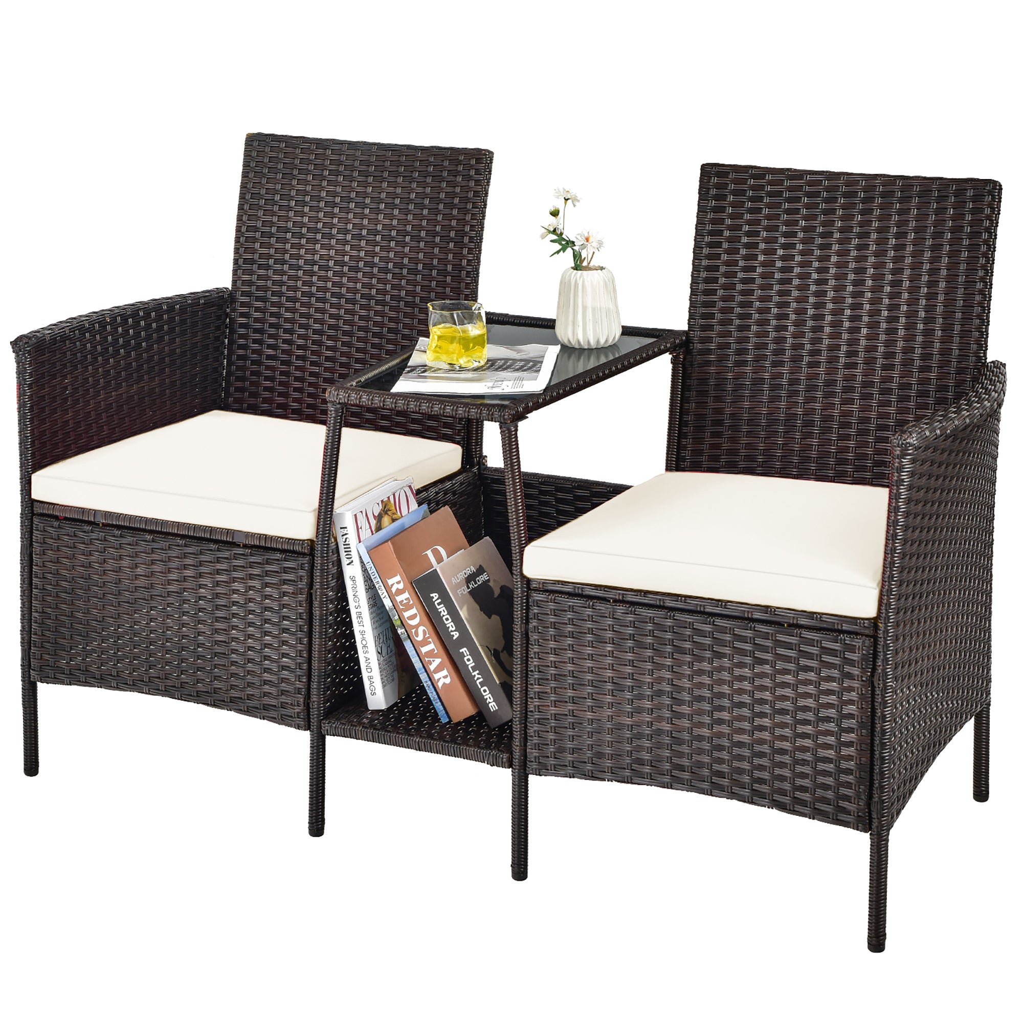  Rattan Wicker Attached Cushion Seat Conversation Set - Navy - Bonton