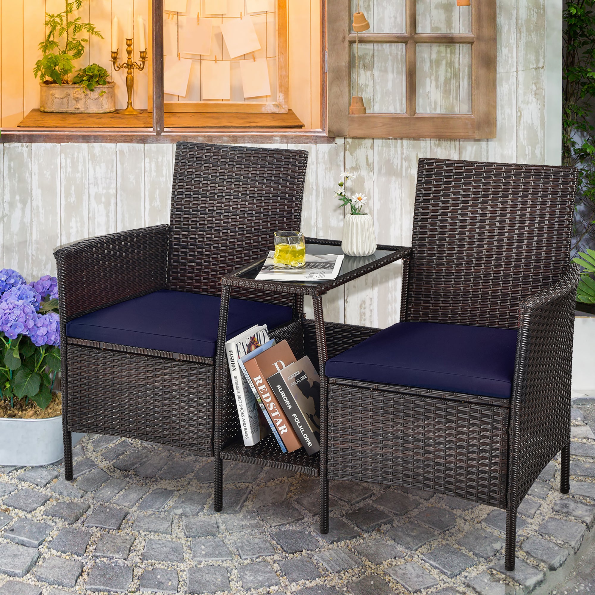  Rattan Wicker Attached Cushion Seat Conversation Set - Navy - Bonton