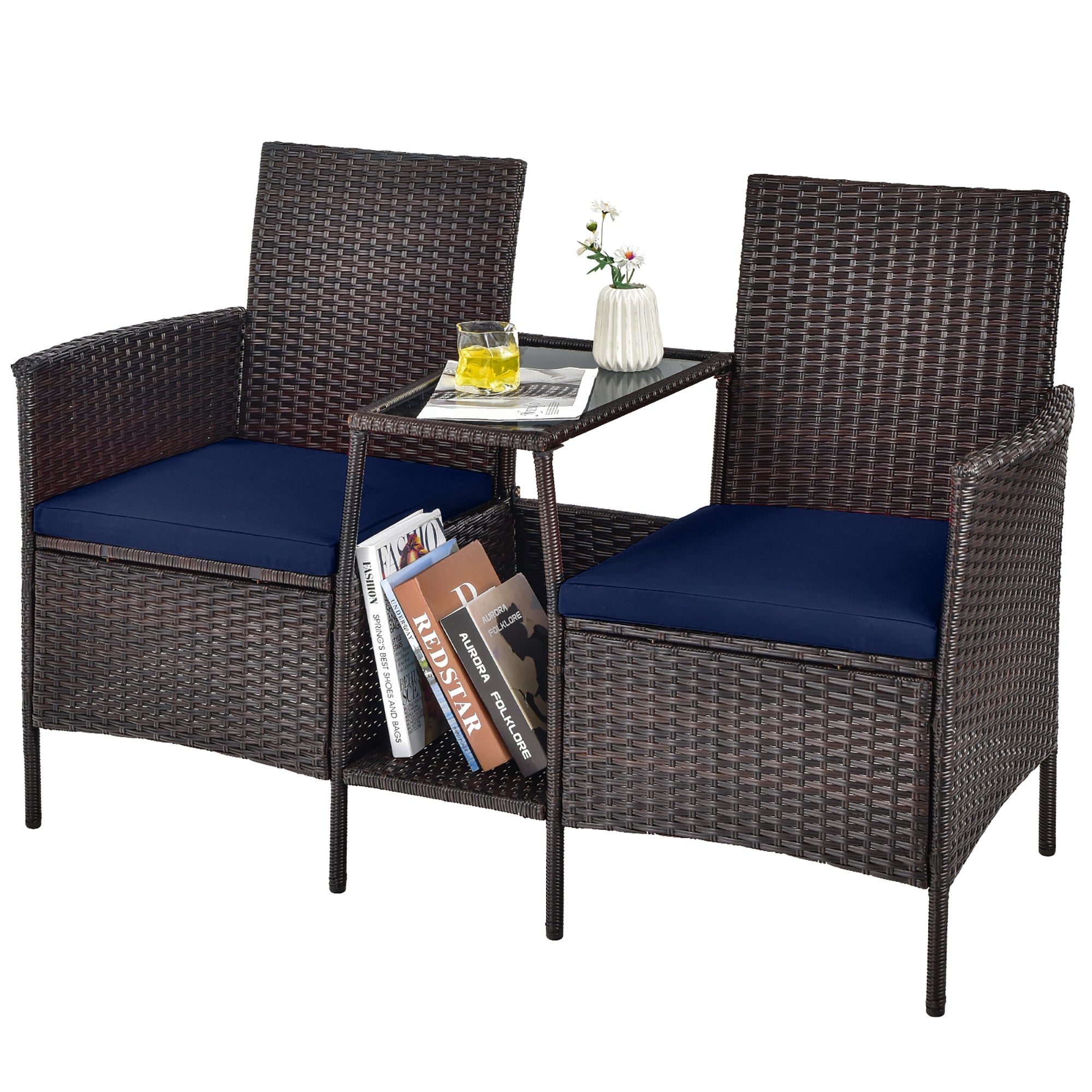  Rattan Wicker Attached Cushion Seat Conversation Set - Navy - Bonton