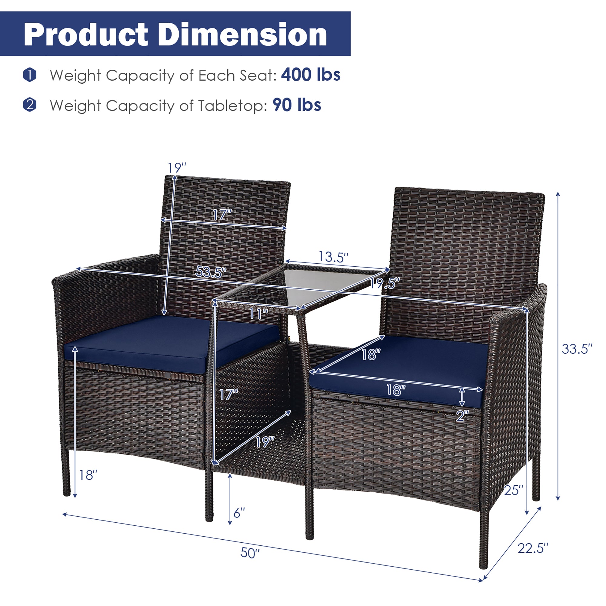  Rattan Wicker Attached Cushion Seat Conversation Set - Navy - Bonton