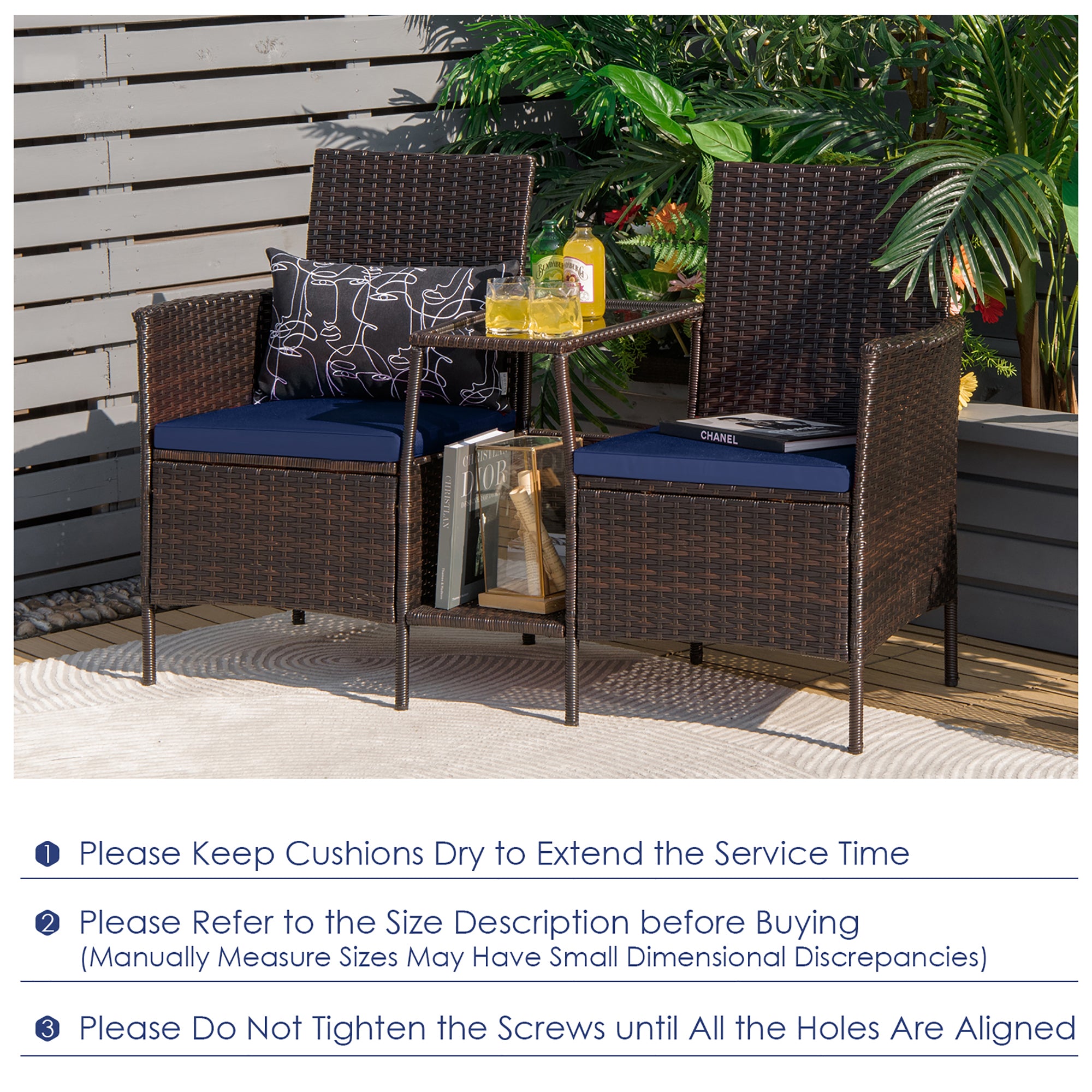  Rattan Wicker Attached Cushion Seat Conversation Set - Navy - Bonton