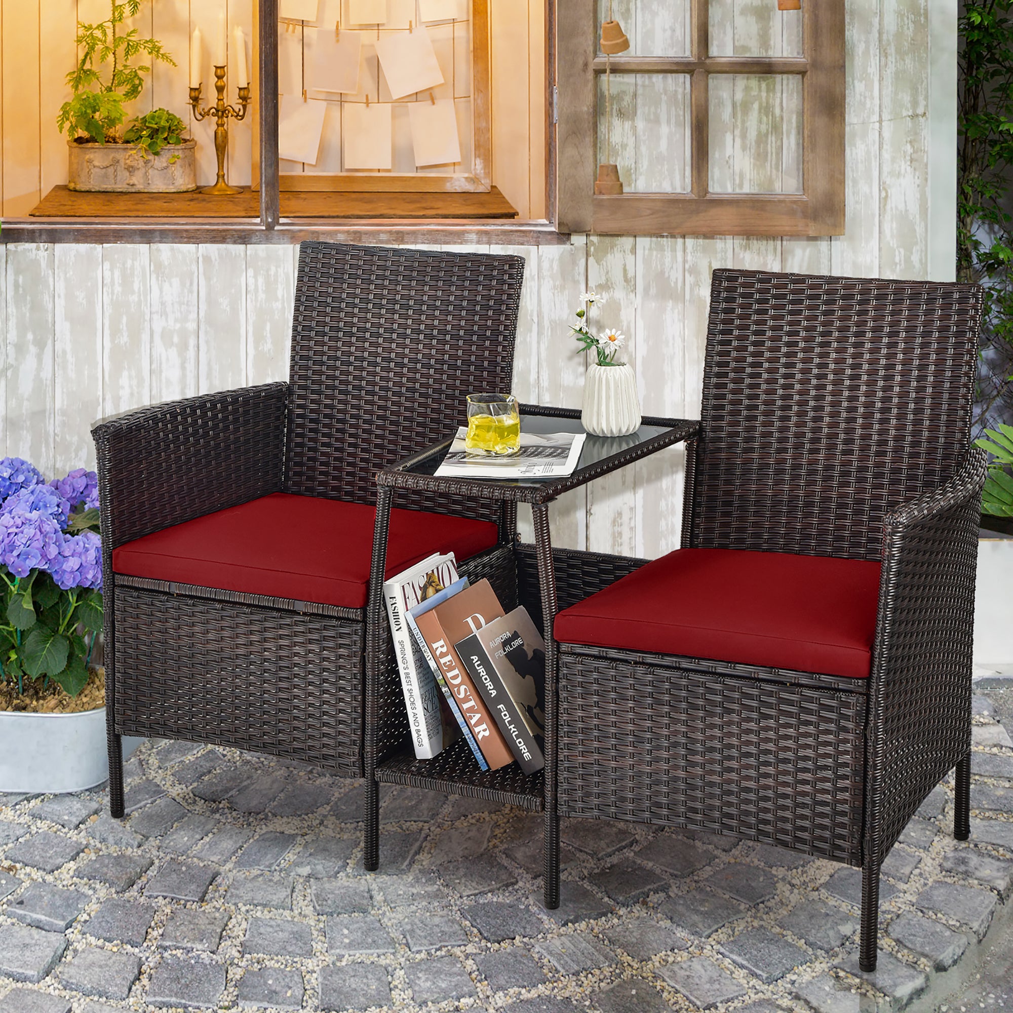  Rattan Wicker Attached Cushion Seat Conversation Set - Navy - Bonton