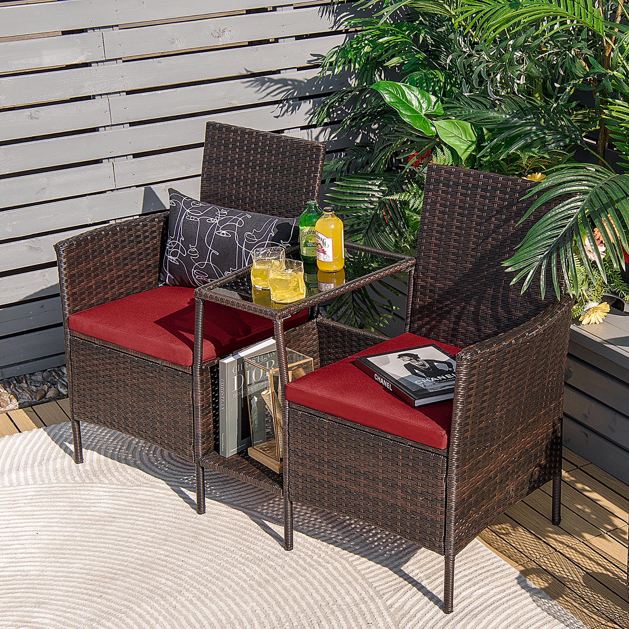  Rattan Wicker Attached Cushion Seat Conversation Set - Red - Bonton