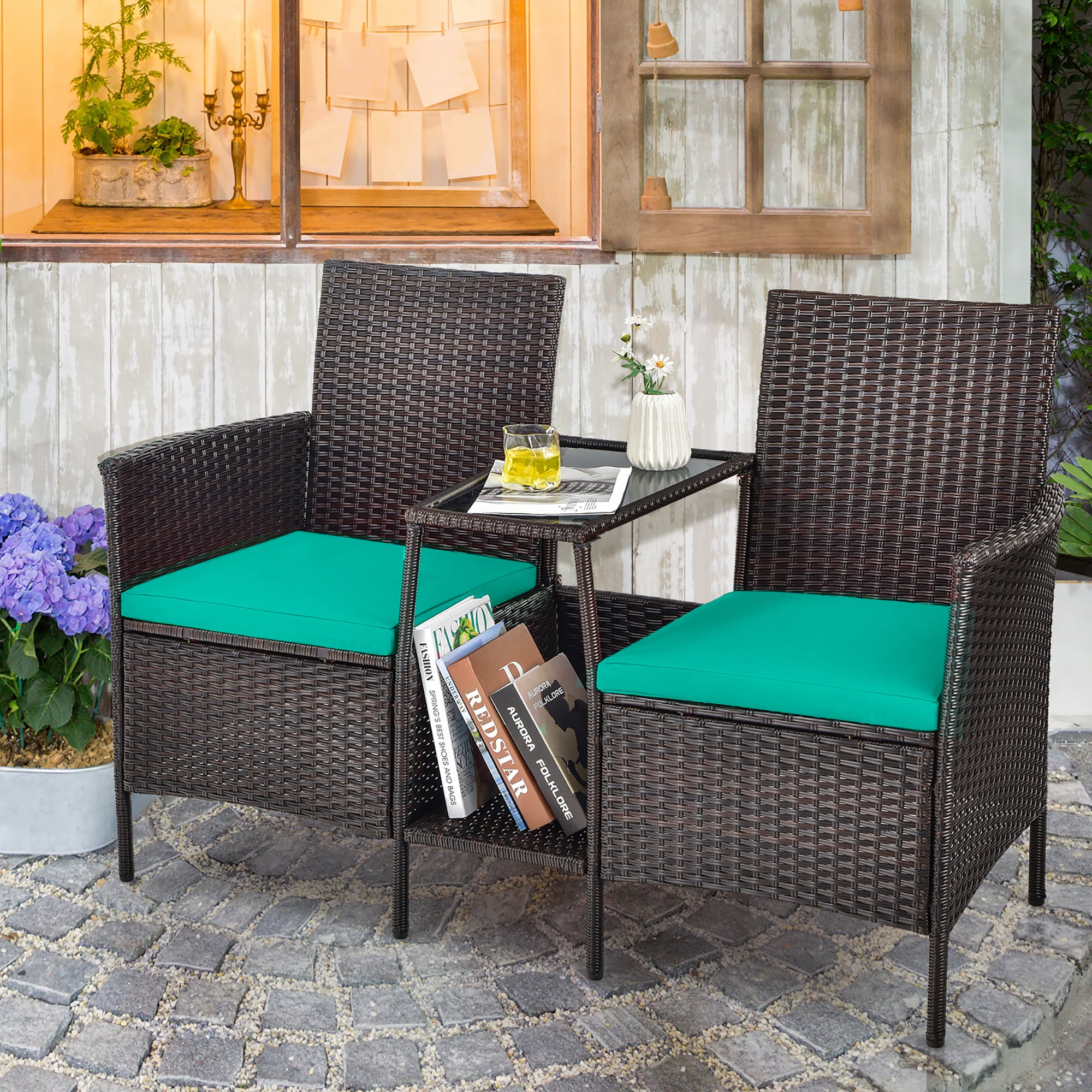  Rattan Wicker Attached Cushion Seat Conversation Set - Navy - Bonton