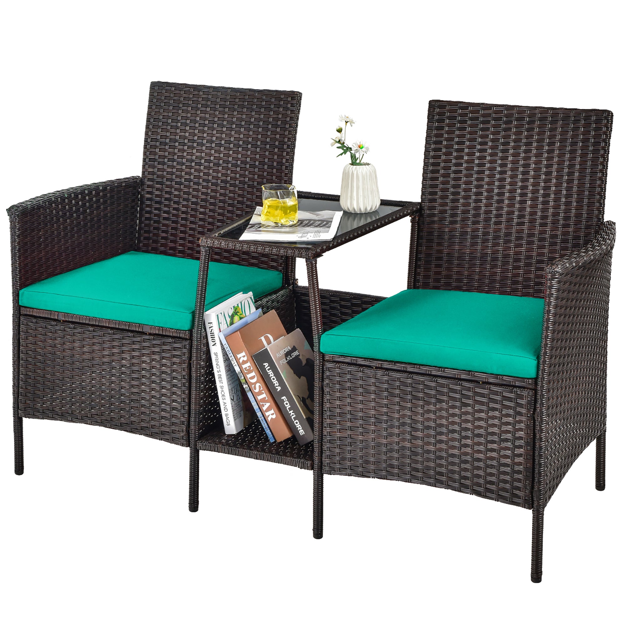  Rattan Wicker Attached Cushion Seat Conversation Set - Navy - Bonton