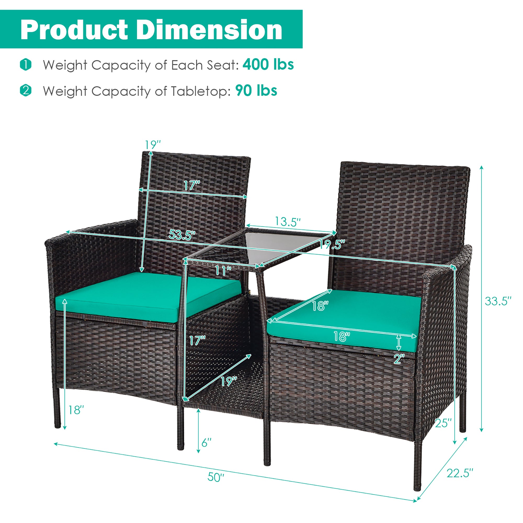  Rattan Wicker Attached Cushion Seat Conversation Set - Turquoise - Bonton