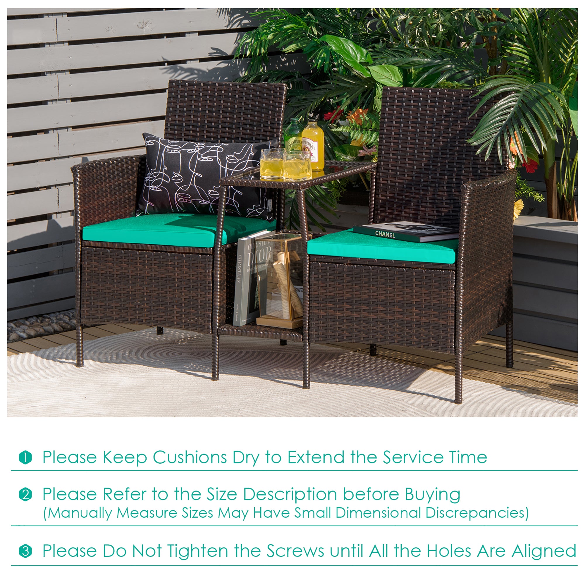  Rattan Wicker Attached Cushion Seat Conversation Set - Navy - Bonton