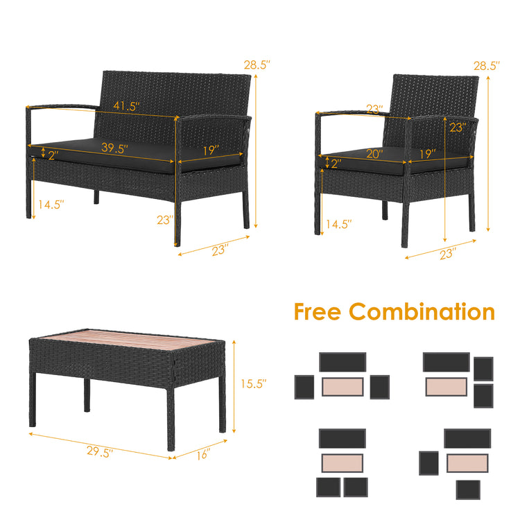 4 Piece Black Rattan Cushioned Furniture Set