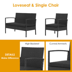 4 Piece Black Rattan Cushioned Furniture Set