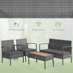 4 Piece Gray Rattan Custioned Furniture Set with Wood Top Coffee Table