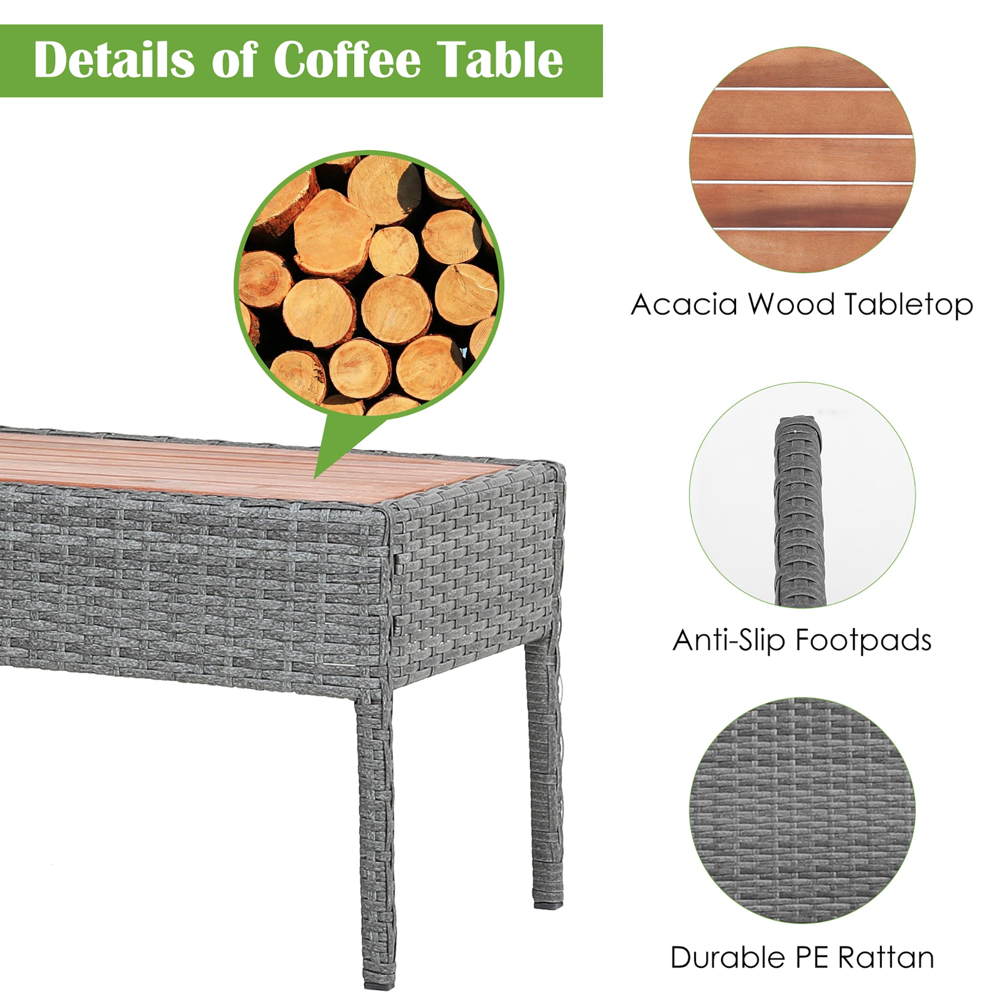  4 Piece Gray Rattan Custioned Furniture Set with Wood Top Coffee Table - Gray - Bonton