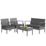 4 Piece Gray Rattan Custioned Furniture Set with Glass Top Coffee Table