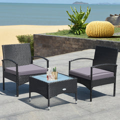 3 Piece Wicker Rattan Furniture Set with Table & Cushioned Chairs