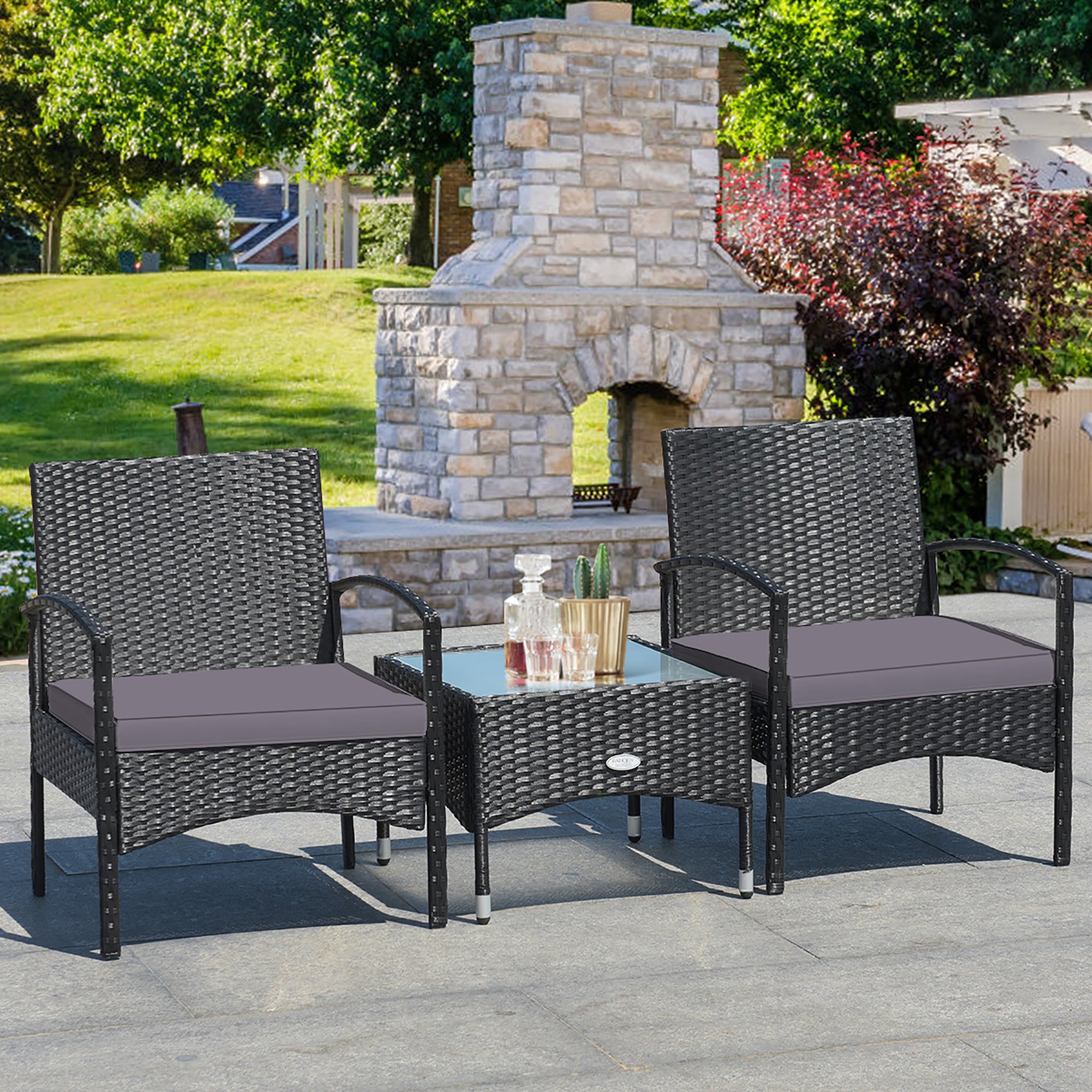  3 Piece Wicker Rattan Furniture Set with Table & Cushioned Chairs - Turquoise - Bonton