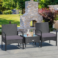 3 Piece Wicker Rattan Furniture Set with Table & Cushioned Chairs