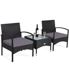 3 Piece Wicker Rattan Furniture Set with Table & Cushioned Chairs