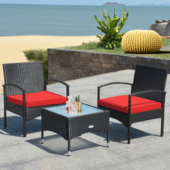 3 Piece Wicker Rattan Furniture Set with Table & Cushioned Chairs