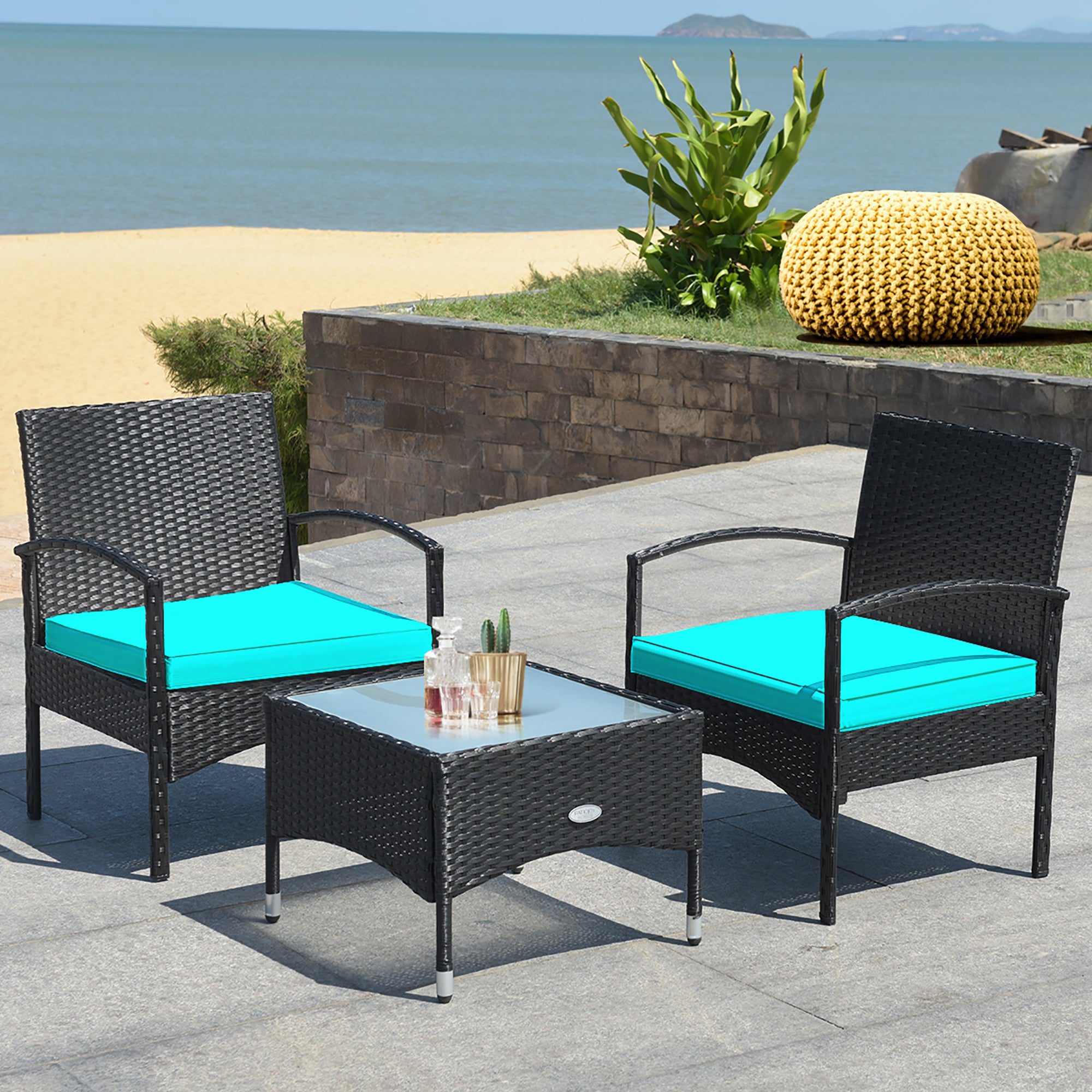  3 Piece Wicker Rattan Furniture Set with Table & Cushioned Chairs - Turquoise - Bonton