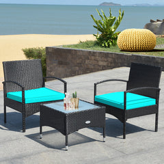 3 Piece Wicker Rattan Furniture Set with Table & Cushioned Chairs