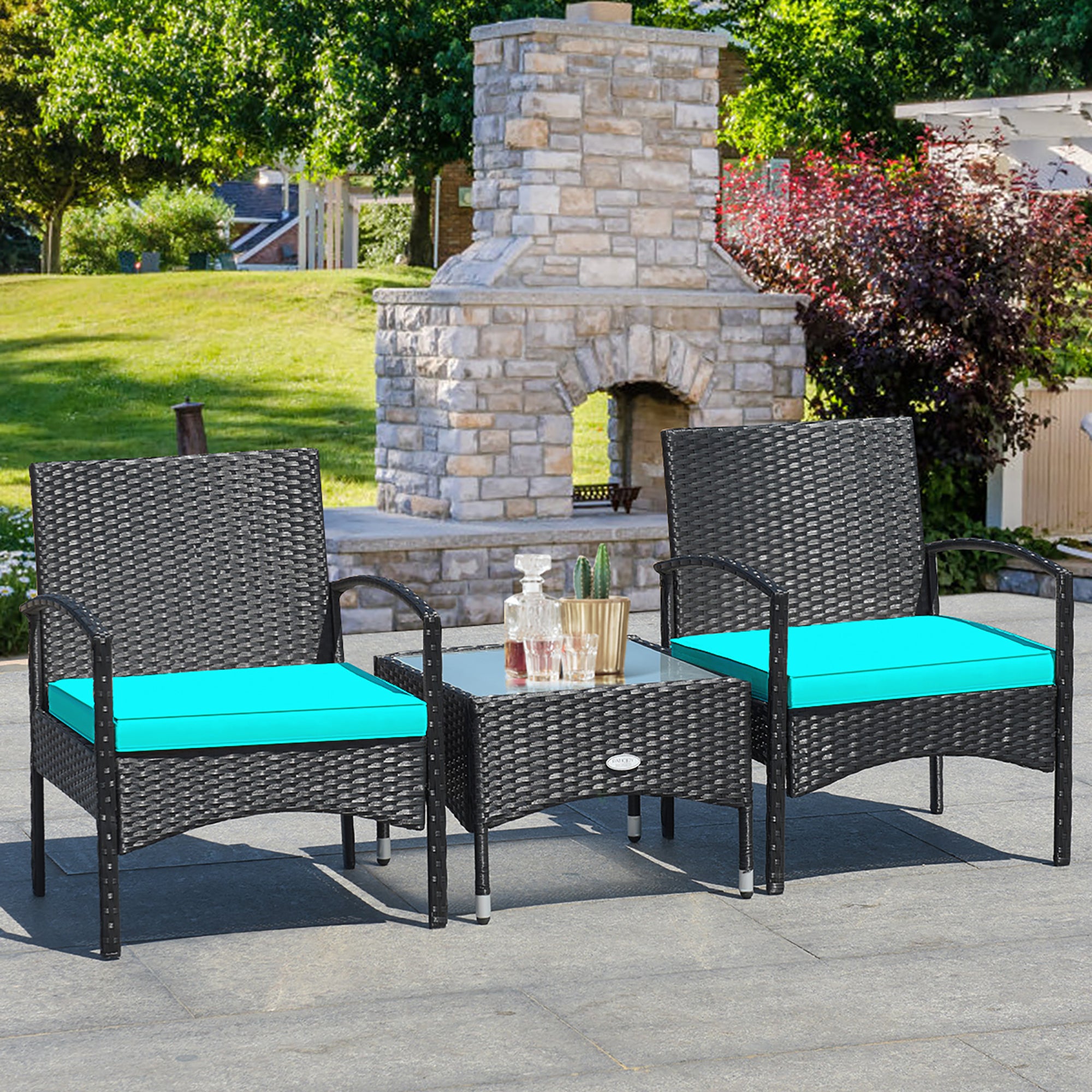  3 Piece Wicker Rattan Furniture Set with Table & Cushioned Chairs - Turquoise - Bonton