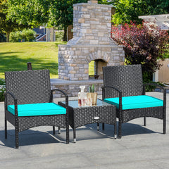 3 Piece Wicker Rattan Furniture Set with Table & Cushioned Chairs