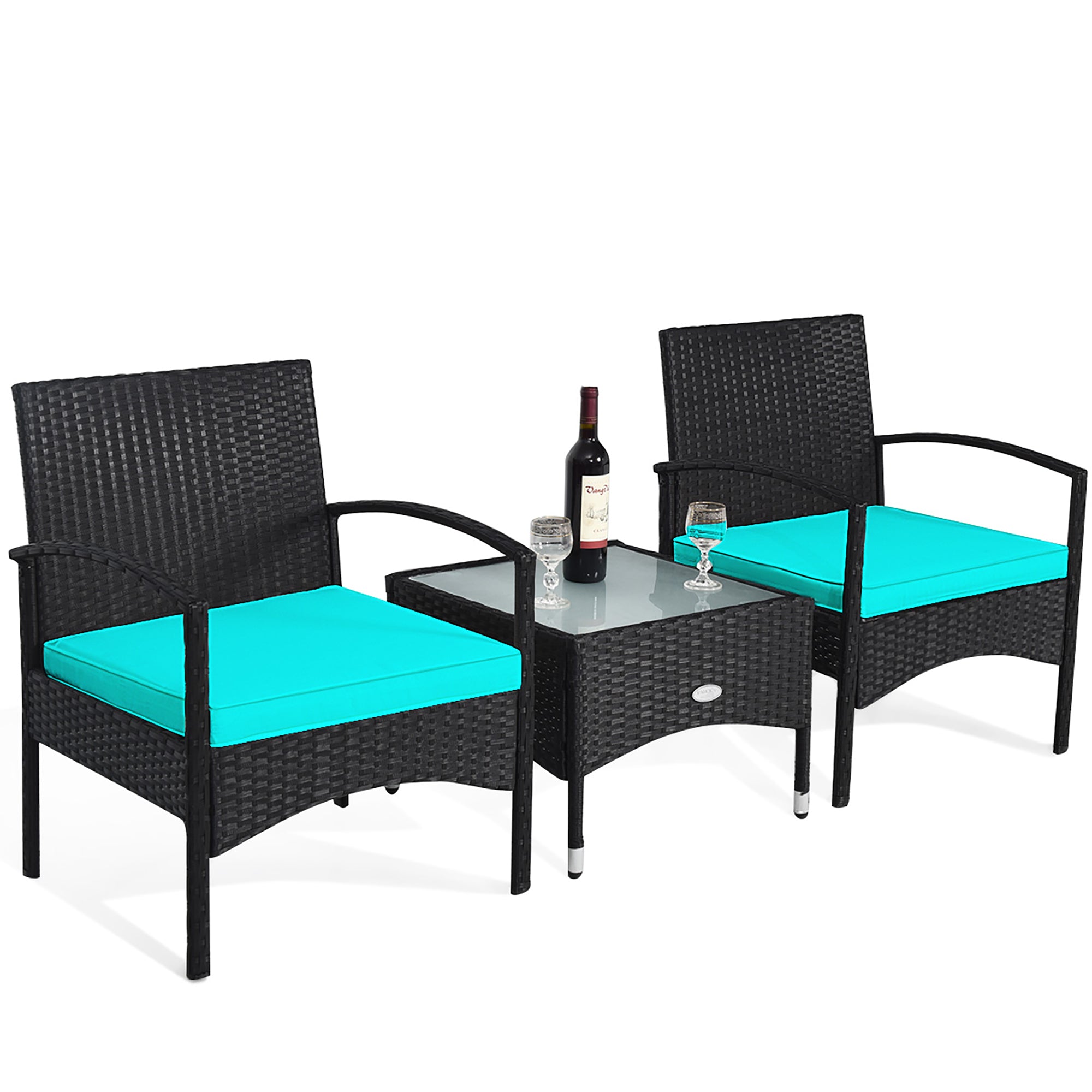  3 Piece Wicker Rattan Furniture Set with Table & Cushioned Chairs - Turquoise - Bonton