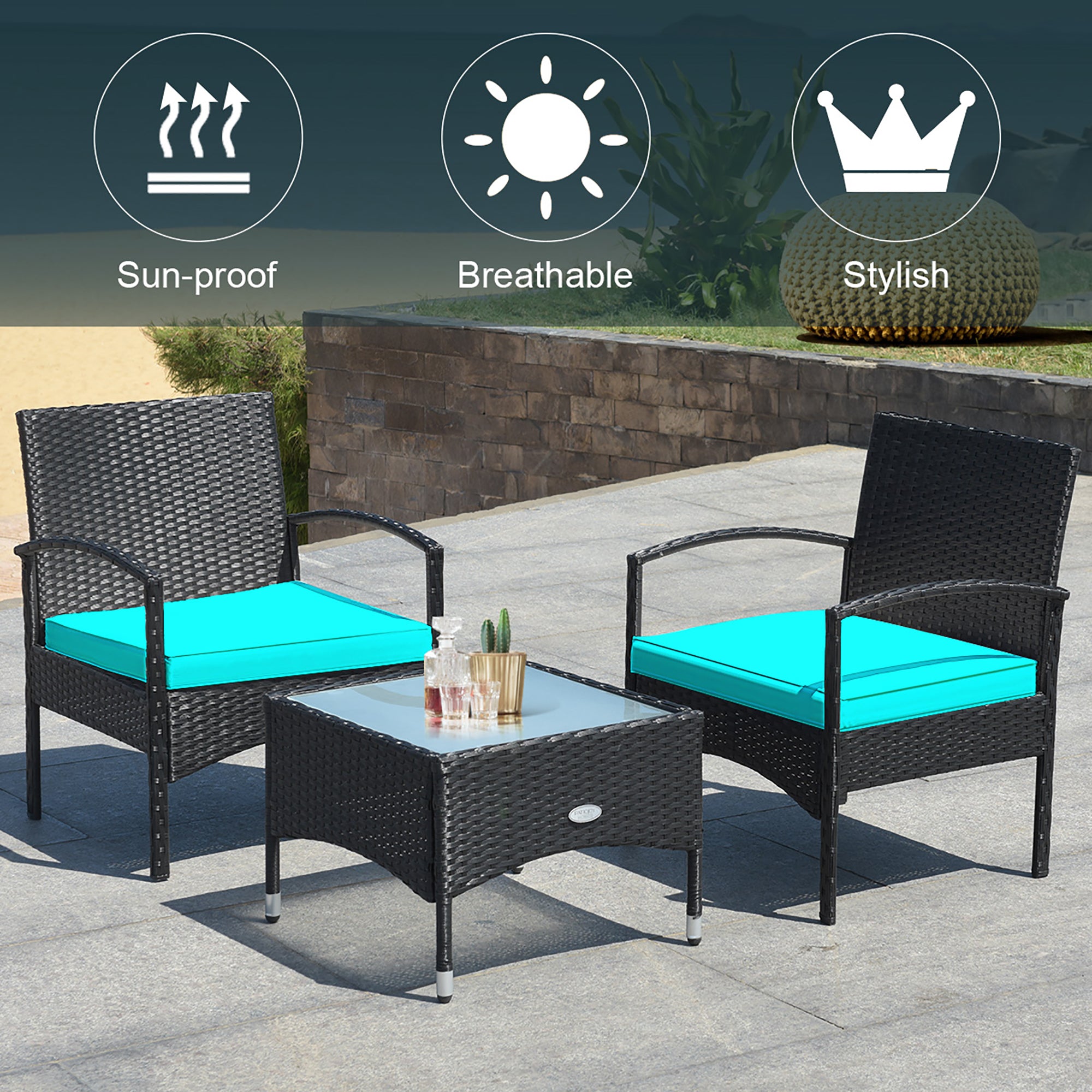  3 Piece Wicker Rattan Furniture Set with Table & Cushioned Chairs - Turquoise - Bonton