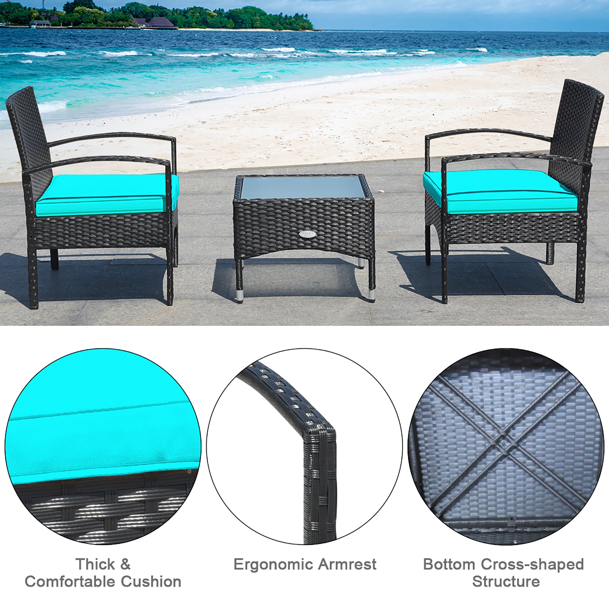  3 Piece Wicker Rattan Furniture Set with Table & Cushioned Chairs - Turquoise - Bonton