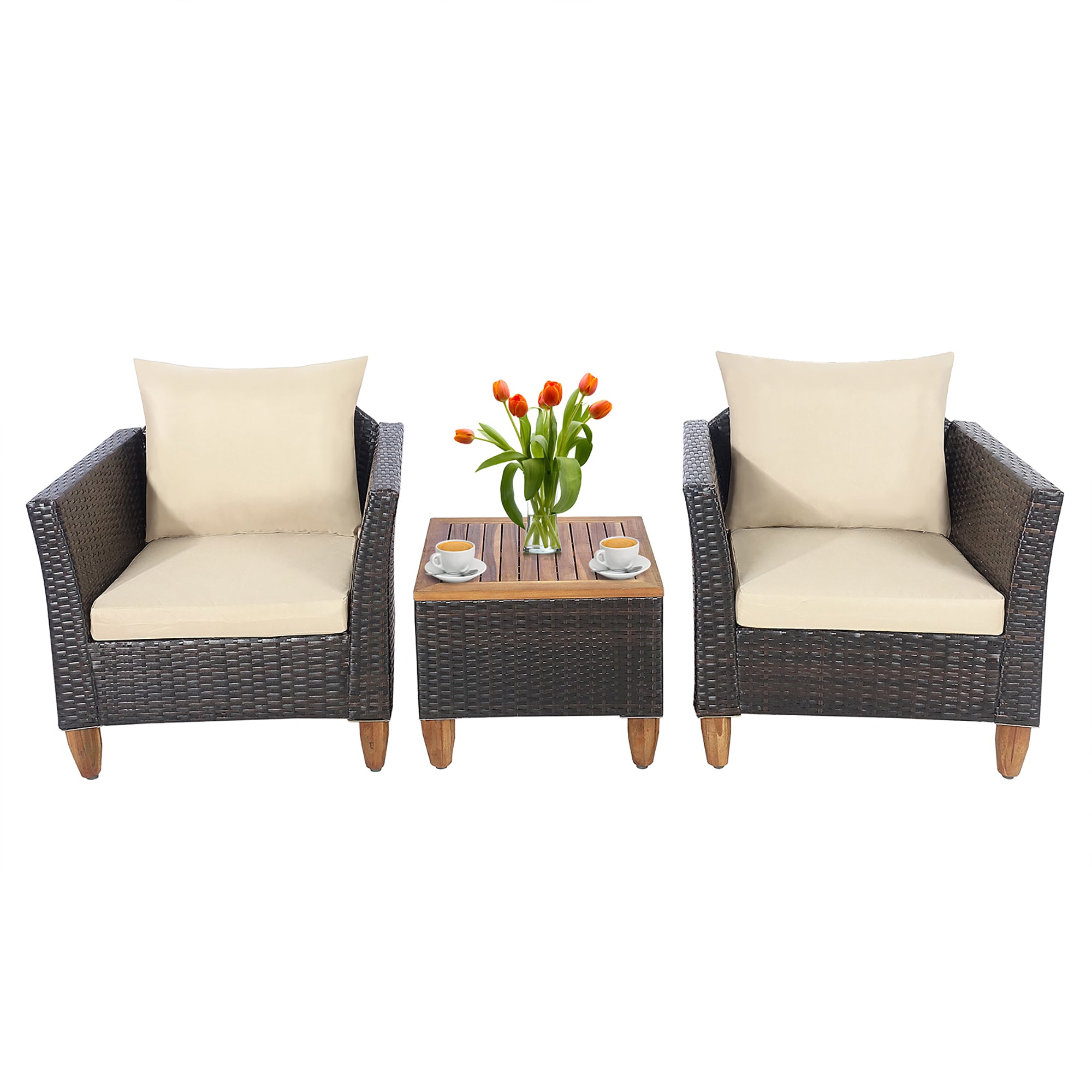  Wicker Rattan Chair and Table Set with Acacia Wood 3 Piece Set - Black - Bonton