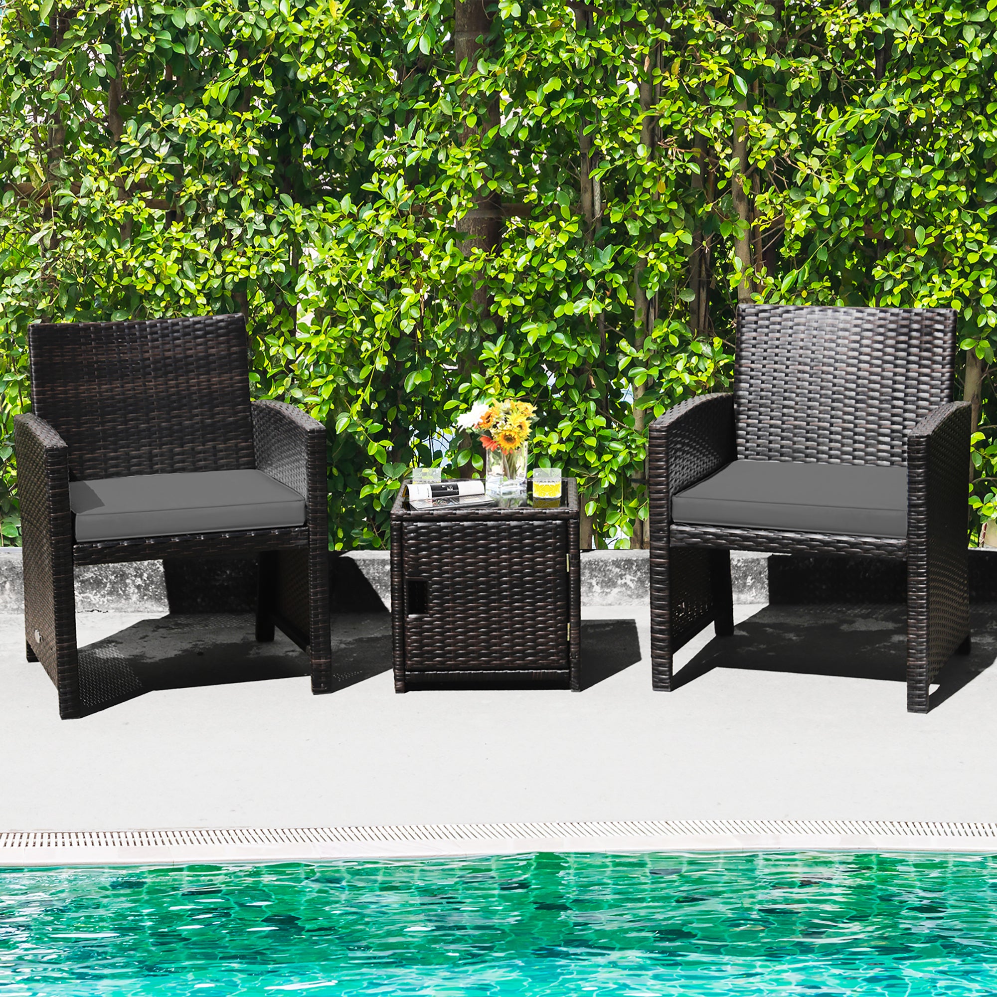  3 Piece Brown Wicker Chair Set with Storage Table - Off White - Bonton