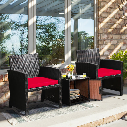 3 Piece Brown Wicker Chair Set with Storage Table