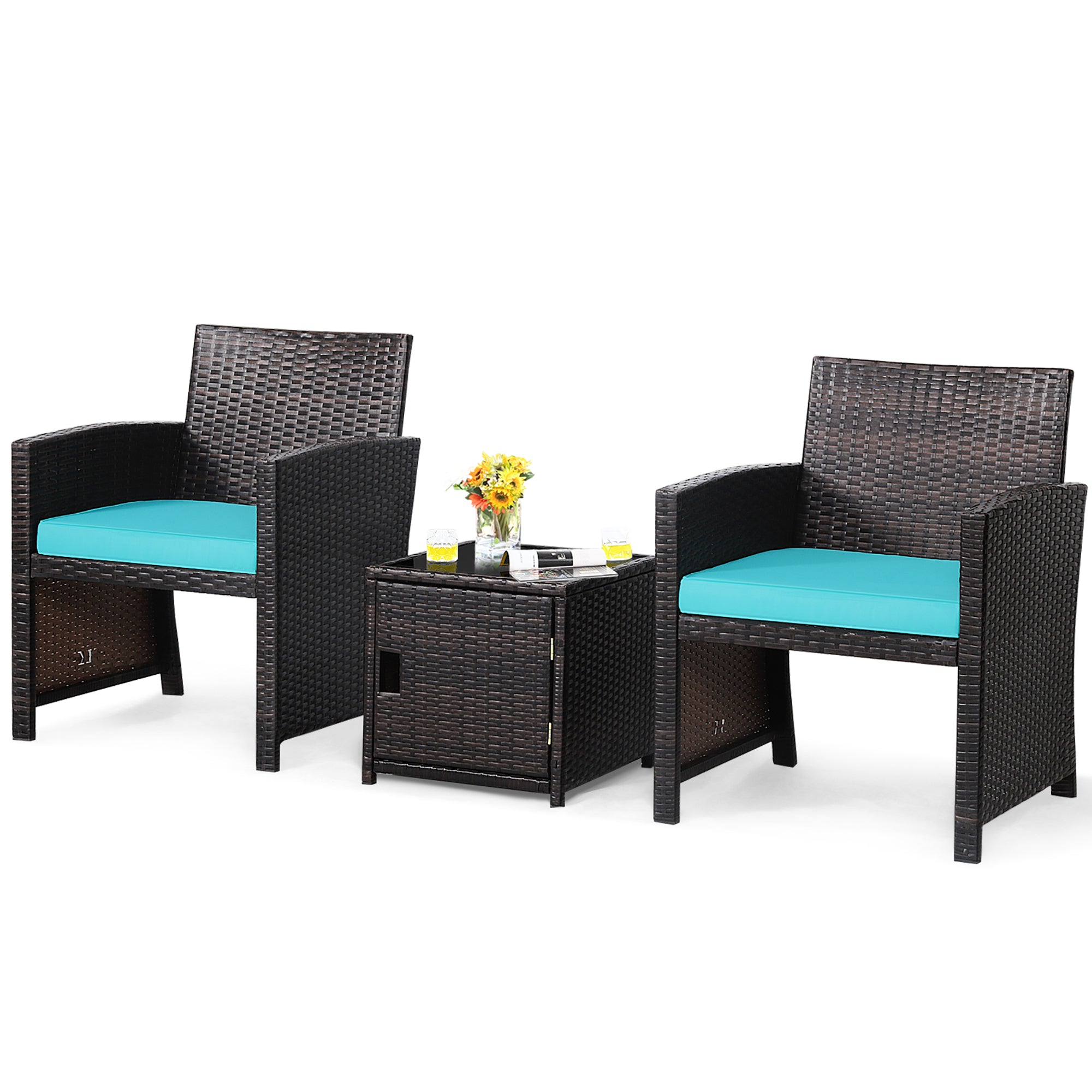  3 Piece Brown Wicker Chair Set with Storage Table - Off White - Bonton