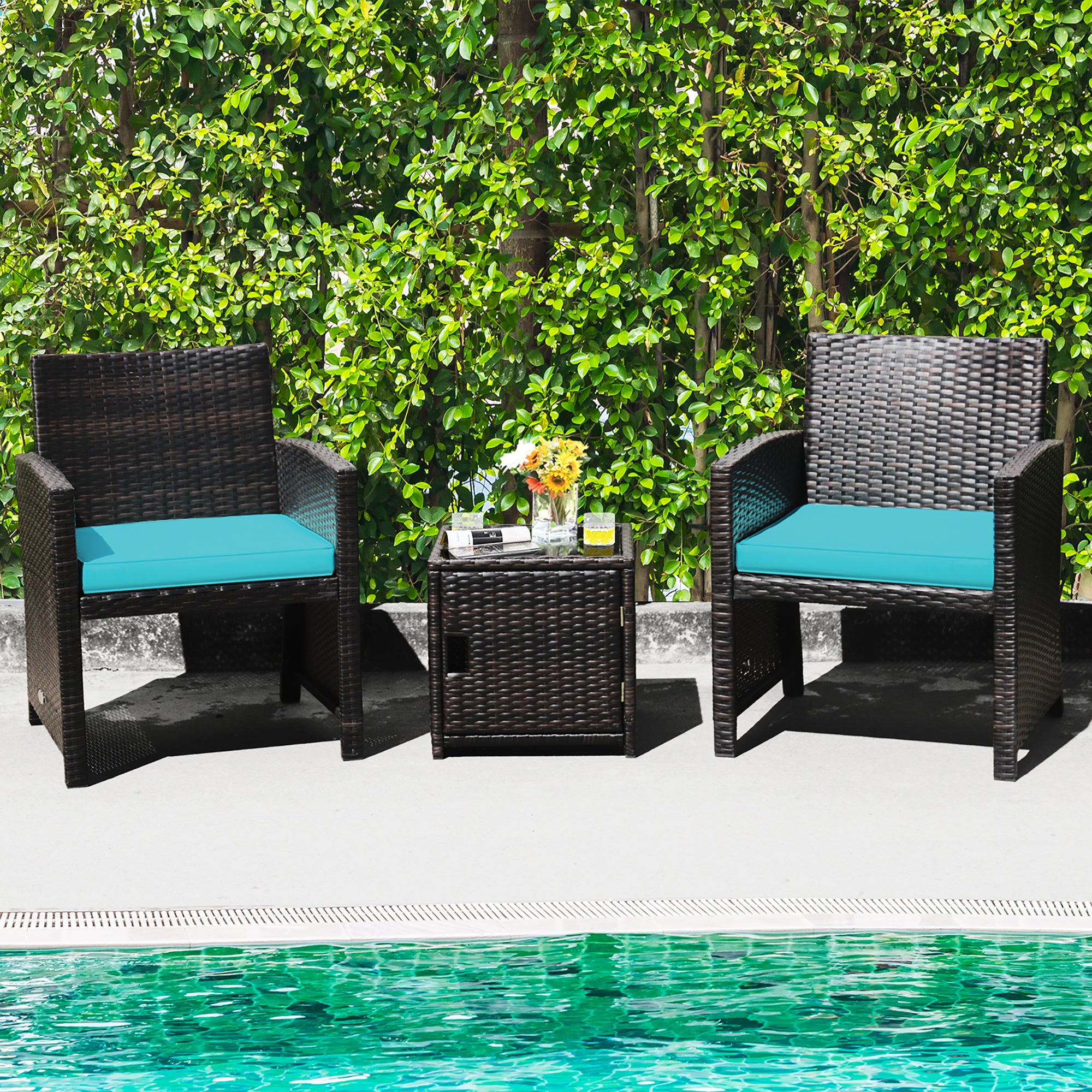  3 Piece Brown Wicker Chair Set with Storage Table - Turquoise - Bonton